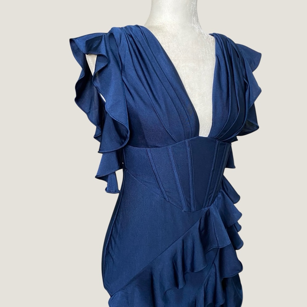 Navy Ruffle Corset Maxi Stretch Gown Dress Formal Slit Lace Up Back V Neck Sz XS - Picture 4 of 14